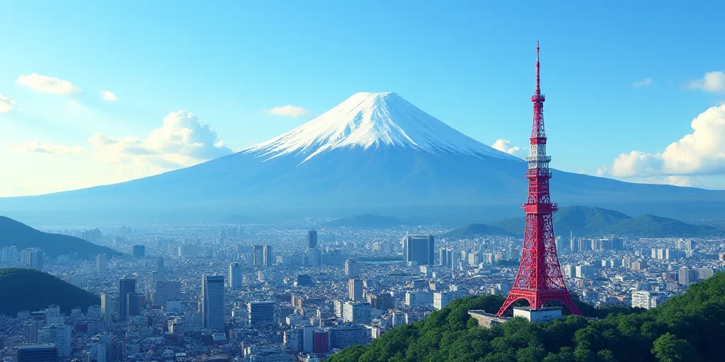 a city with a mountain in the background and a red tower in the foreground with a blue sky, Ai-Mitsu