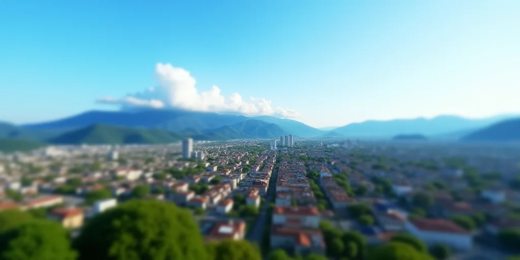 a city with lots of houses and trees in the foreground and a blue sky in the background with a few c