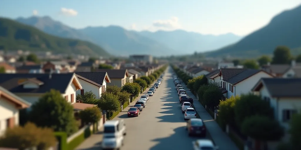 a city with lots of houses and cars parked in front of them and mountains in the background in the d