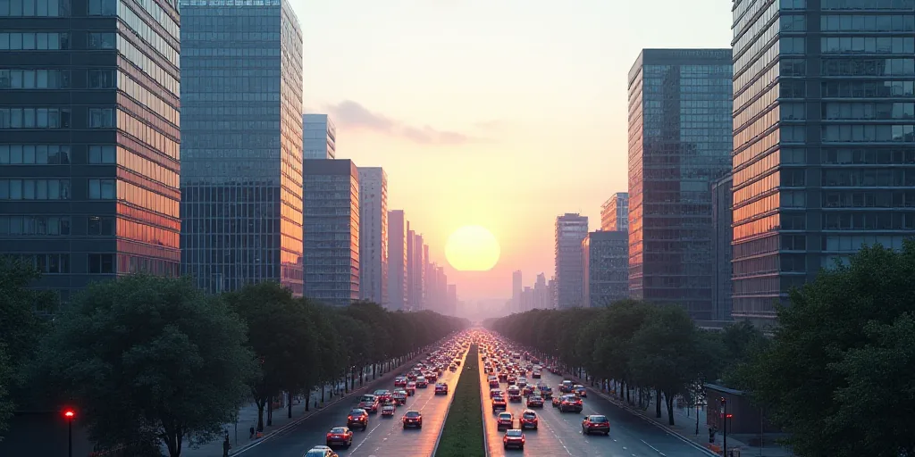 a city with lots of tall buildings and lots of traffic on the street in front of it and a large city