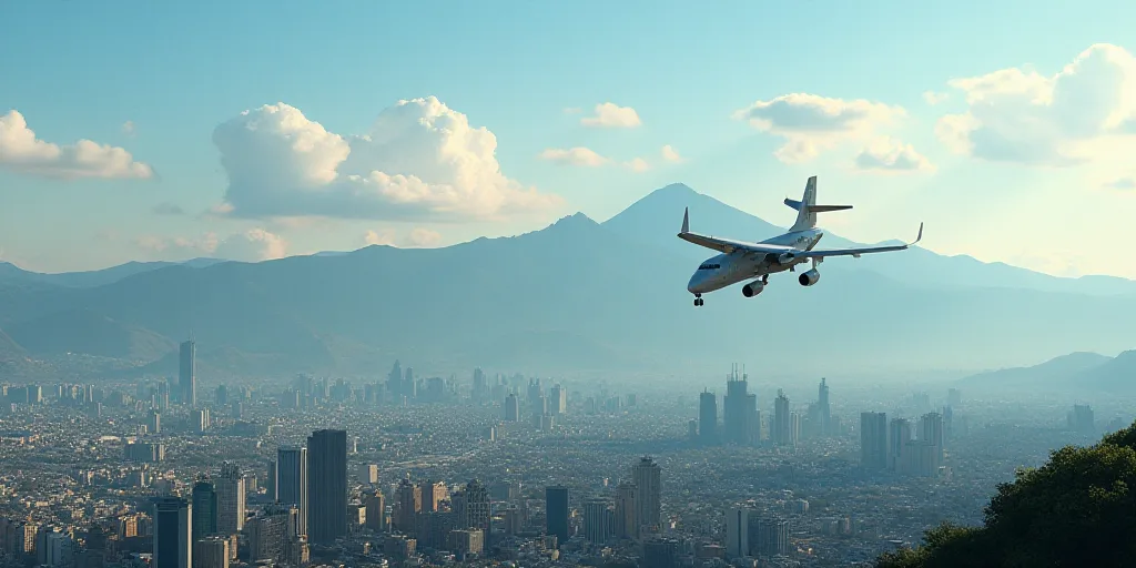a city with mountains in the background and a plane flying over it in the foreground of the picture,