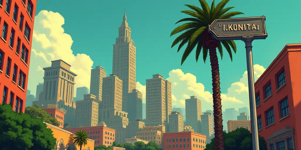 a city with tall buildings and a street sign in front of it with a palm tree in the foreground, Dieg