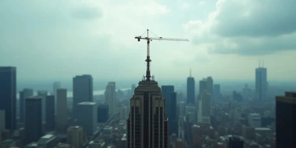 a city with tall buildings and a crane on top of it's roof topper, with a cloudy sky, Eddie Mendoza,