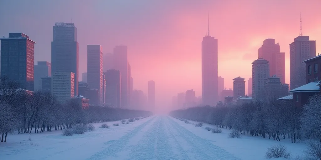 a city with tall buildings and a lot of snow on the ground at dusk time with a pink sky, Cao Zhibai,