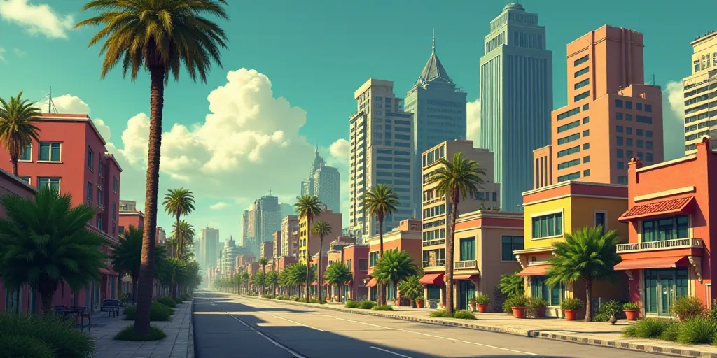 a city with tall buildings and a street sign in front of it with a palm tree in the foreground, Dieg