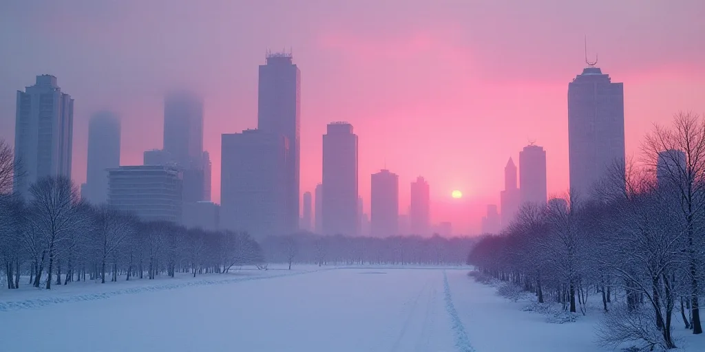 a city with tall buildings and a lot of snow on the ground at dusk time with a pink sky, Cao Zhibai,
