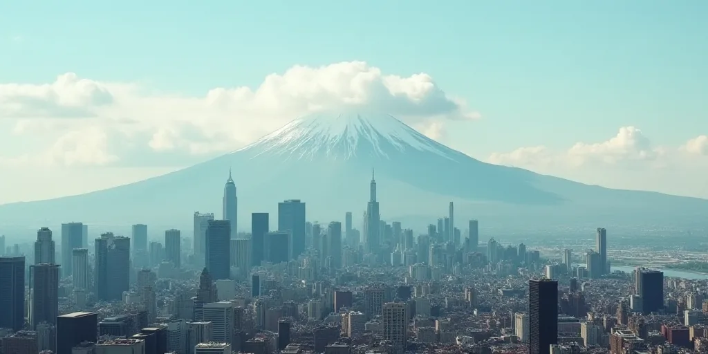 a city with tall buildings and a mountain in the background with clouds in the sky and a few clouds