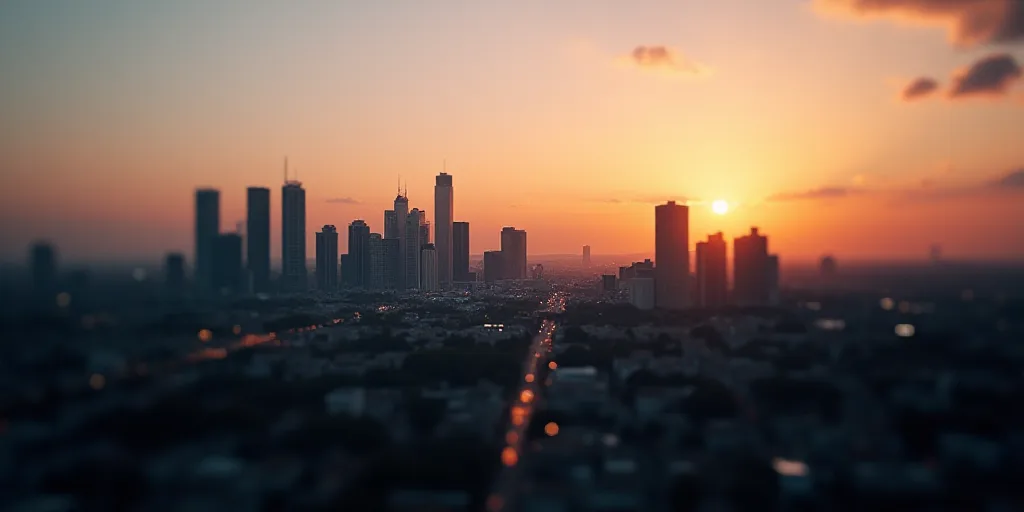 a city with tall buildings and a sky line in the background at sunset or sunrise with a few clouds,
