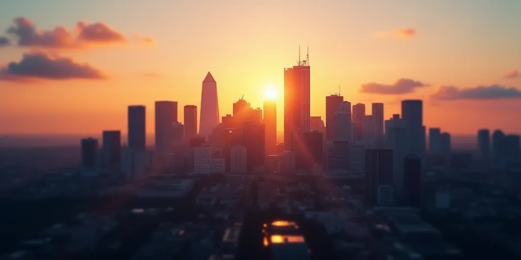 a city with tall buildings and a sky line in the background at sunset or sunrise with a few clouds,