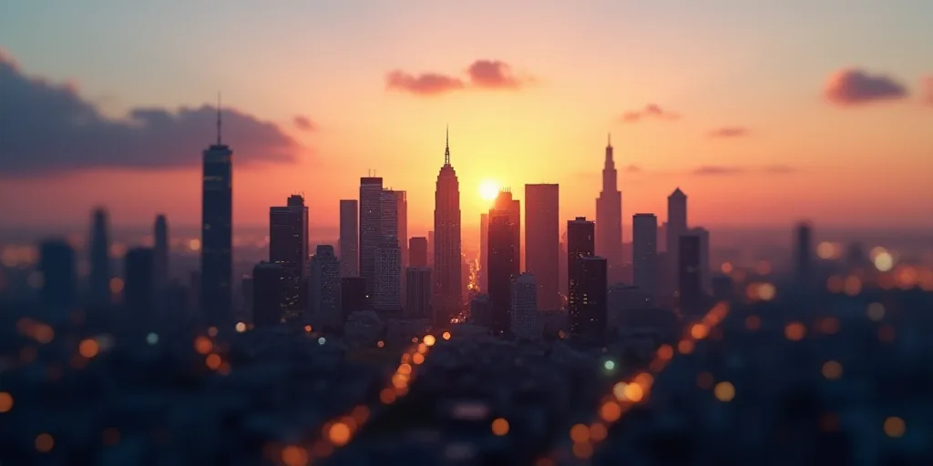 a city with tall buildings and a sky line in the background at sunset or sunrise with a few clouds,