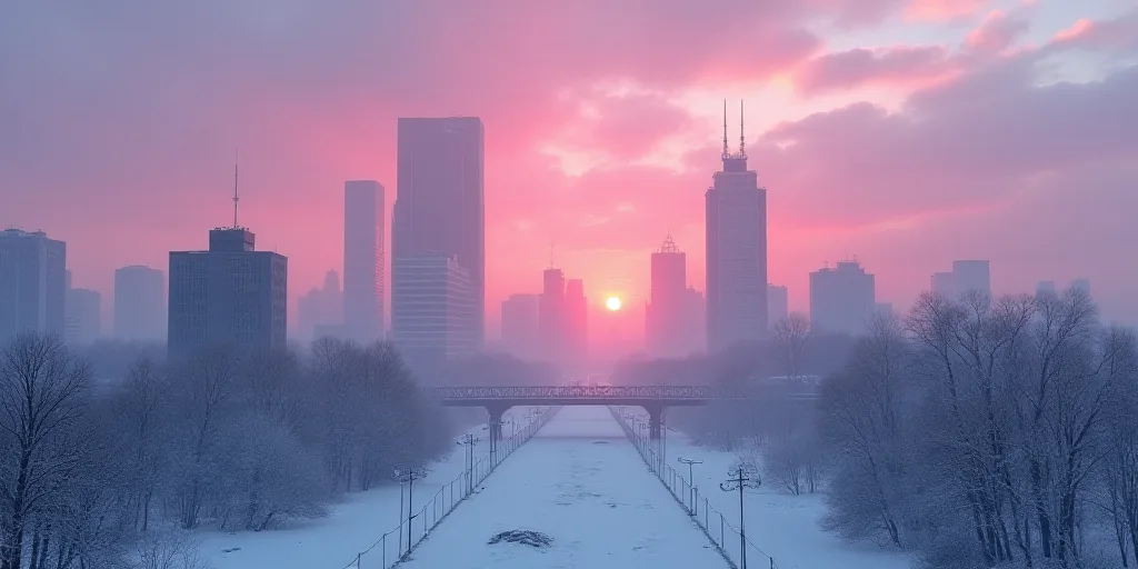 a city with tall buildings and a lot of snow on the ground at dusk time with a pink sky, Cao Zhibai,