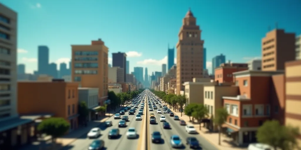 a city with tall buildings and a lot of traffic in the foreground and a blue sky in the background,