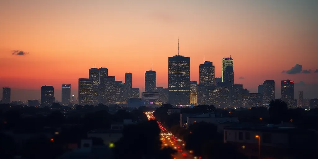 a city with tall buildings and a sky line in the background at sunset or sunrise with a few clouds,