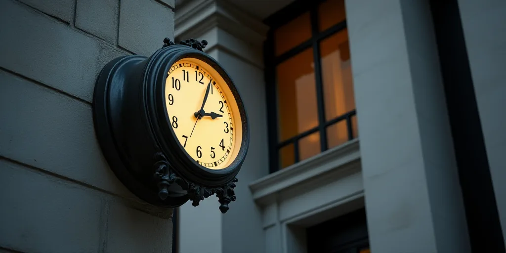a clock hanging from the side of a building with a federal reserve sign on it's side window, Darrell