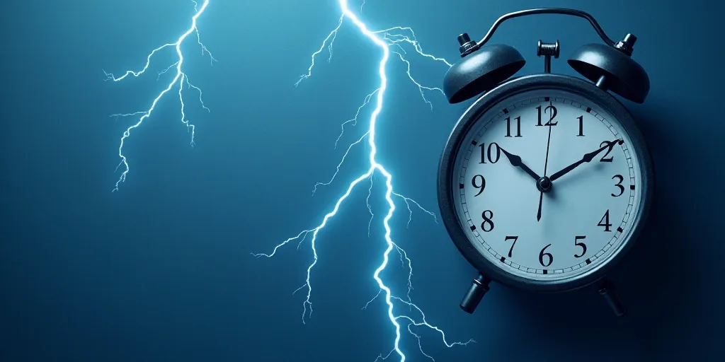 a clock with lightning strikes in the background of a blue wall with a clock face and numbers on it,