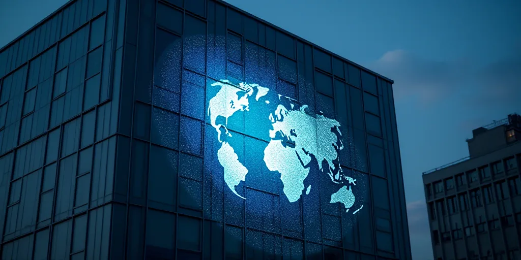 a close up of a building with a logo on it's side and a building in the background, Bernt Tunold, gl