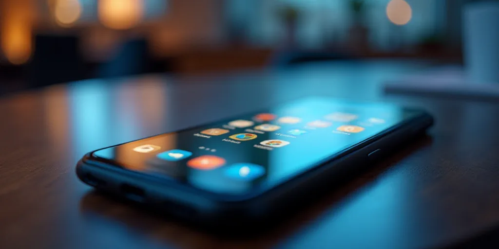a close up of a cell phone with icons on it's screen and a blurred background of a table, Andries St