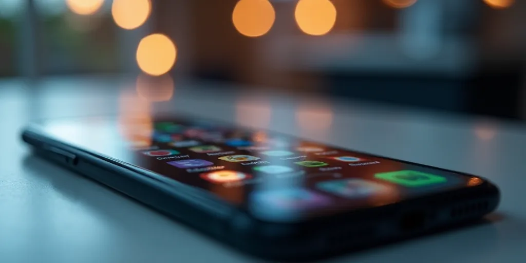 a close up of a cell phone with icons on it's screen and a blurred background of a table, Andries St