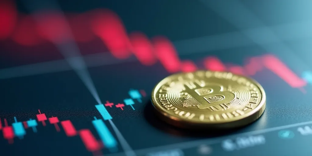 a close up of a coin on a table with a graph in the background and a red line going up, Aquirax Uno,