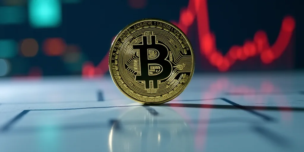 a close up of a coin on a table with a graph in the background and a red line going up, Aquirax Uno,