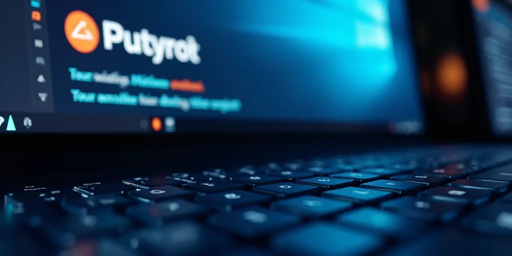 a close up of a computer with a logo on it's side and a keyboard in the background, Andries Stock, r