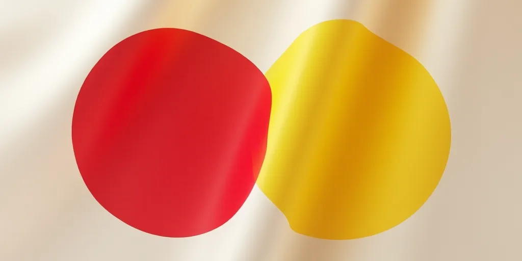 a close up of a flag with a red circle on it's side and a yellow circle on the other side, Ai-Mitsu,