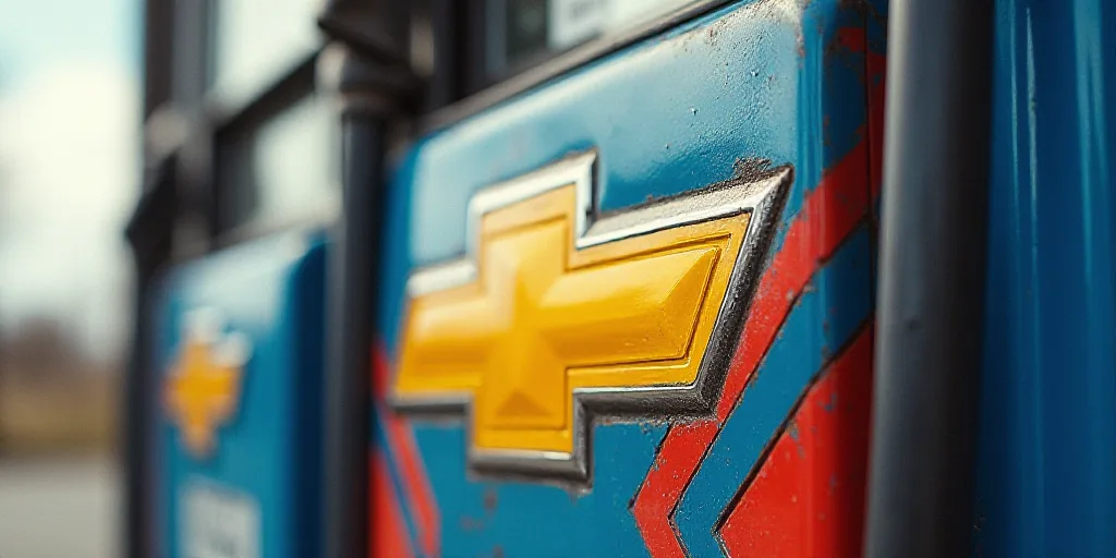 a close up of a gas pump with a chevron logo on it's side and a red and blue arrow on the side, Evel