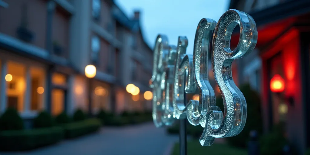 a close up of a glass sign with a building in the background and a building in the background with a