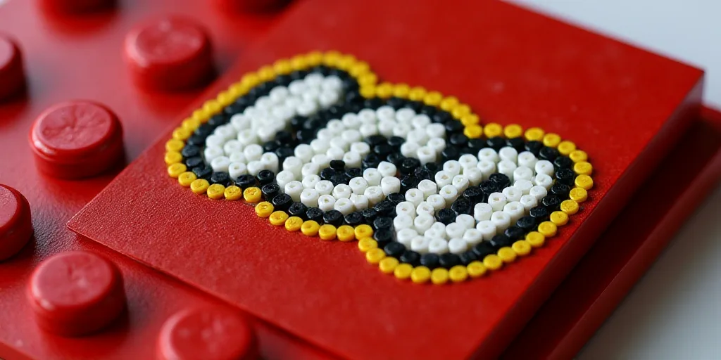 a close up of a lego logo made of beads and beads on a red surface with a white and black circle, Ed