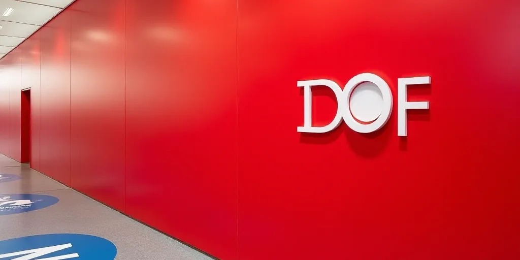 a close up of a logo on a red wall with a white background and a blue z logo on the bottom, Daniel L