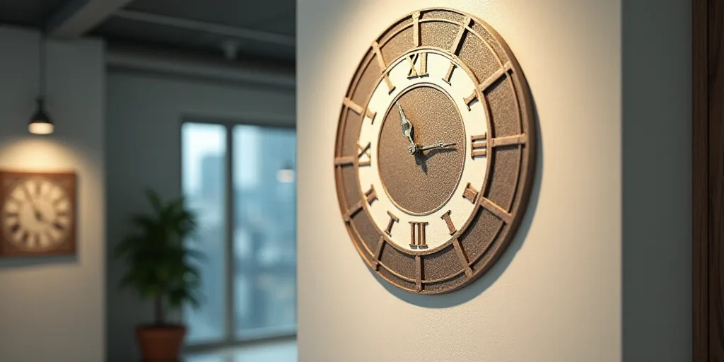 a close up of a logo on a wall with a clock in the background and a clock on the wall, Eric de Kolb,