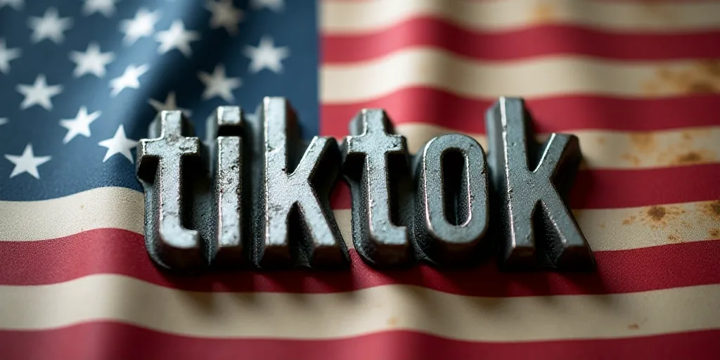 a close up of a metal type of word on a flag background with the word tiktok spelled out, Americo Ma