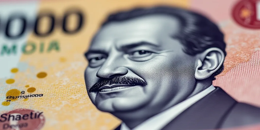 a close up of a one hundred mexican peso bill with a portrait of president ronald castro on it, Aqui