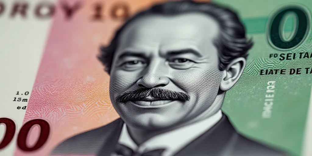a close up of a one hundred mexican peso bill with a portrait of president ronald castro on it, Aqui