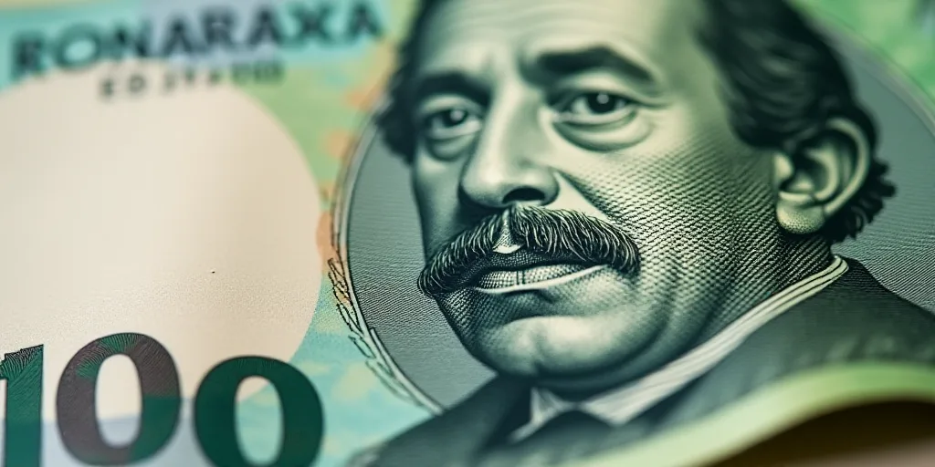 a close up of a one hundred mexican peso bill with a portrait of president ronald castro on it, Aqui