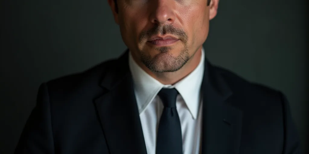 a close up of a person wearing a suit and tie with a serious look on his face and shoulders, Donald