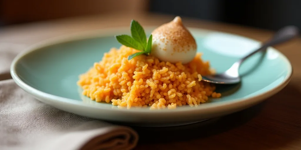 a close up of a plate of food on a table with a spoon in it and a napkin on the table, Carpoforo Ten