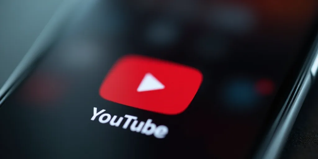 a close up of a youtube logo on a cell phone screen with blurry background and a blurry background,