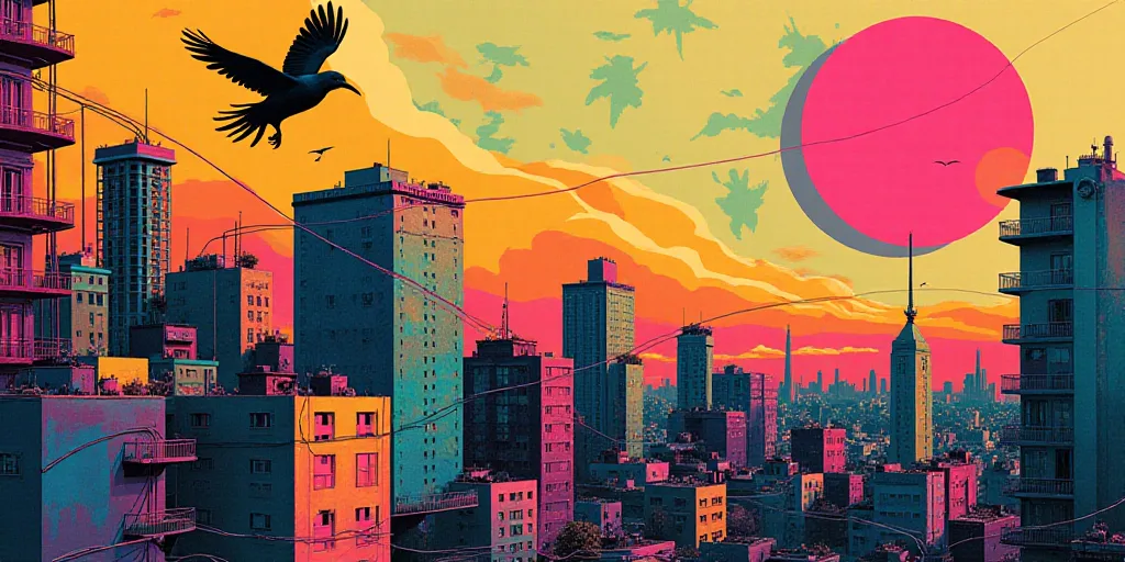 a collage of a city with a lot of wires and a bird flying over it and a map of the world, Federico U