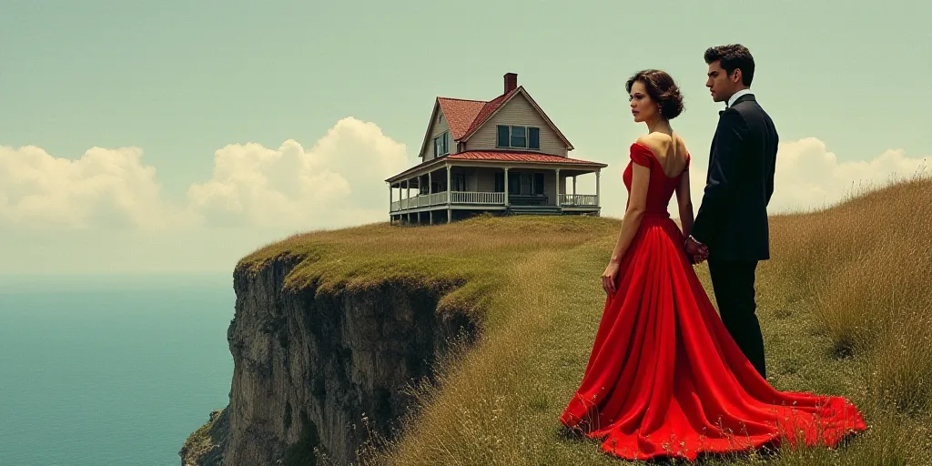a collage of a house on a cliff with a man in a black suit and a woman in a red dress, David LaChape
