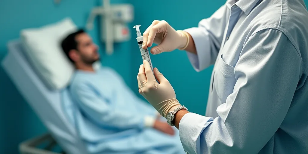 a collage of images with a person in gloves and a syringe in their hand and a person in a hospital b