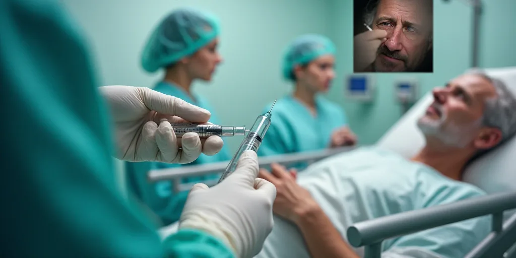 a collage of images with a person in gloves and a syringe in their hand and a person in a hospital b