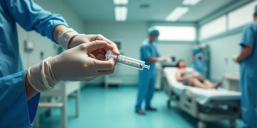 a collage of images with a person in gloves and a syringe in their hand and a person in a hospital b