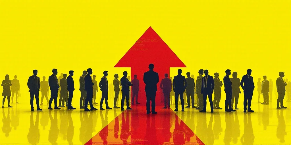 a collage of people and a machine with a red arrow in the center of the image and a yellow backgroun