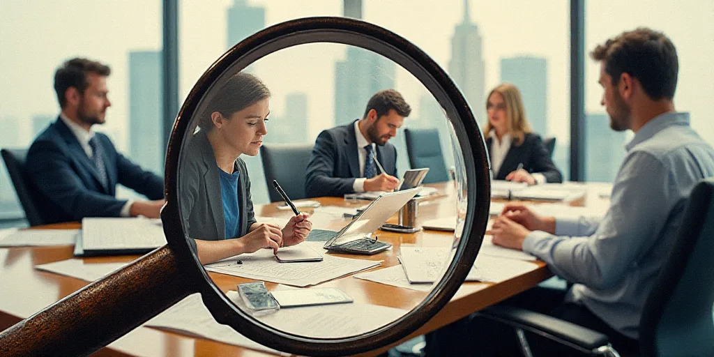 a collage of people working and working in a business setting with a magnifying glass in the foregro