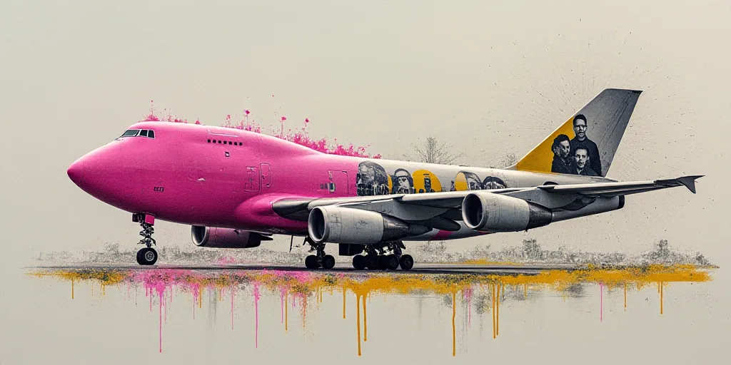 a collage of photos of people and a plane with pink paint on it and a yellow ribbon around the edges