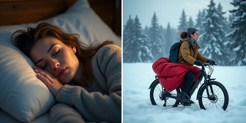 a collage of photos of people sleeping and sleeping in bed and a woman on a bike with a sleeping bag