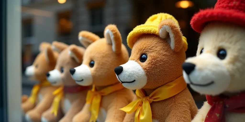 a collage of photos of stuffed animals and hats on display in a store window display case, with a ye
