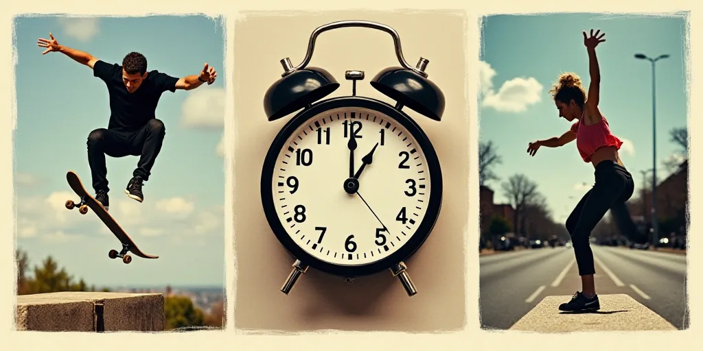 a collage of photos with a clock and a skateboarder doing a trick in the air and a woman doing a tri