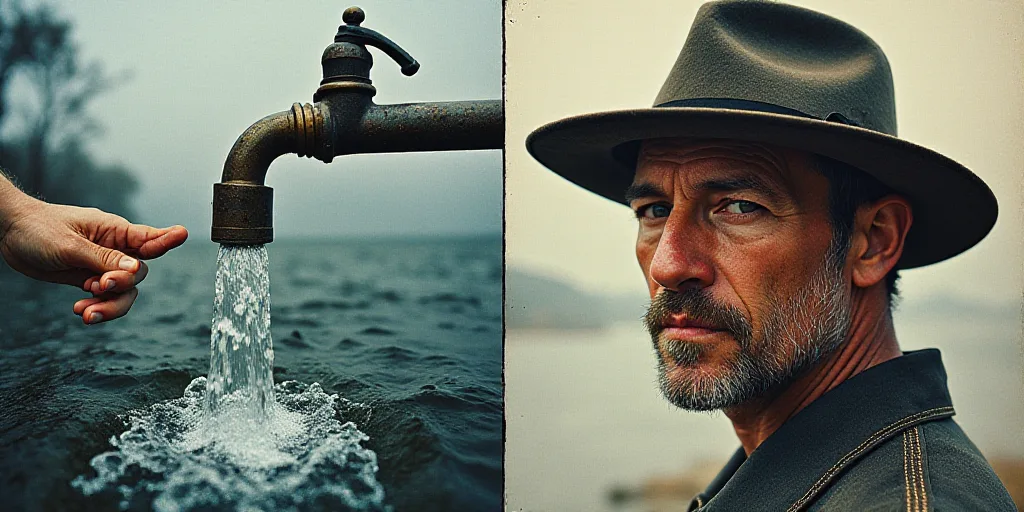 a collage of photos with a man watering water from a faucet and a man with a hat on, David LaChapell